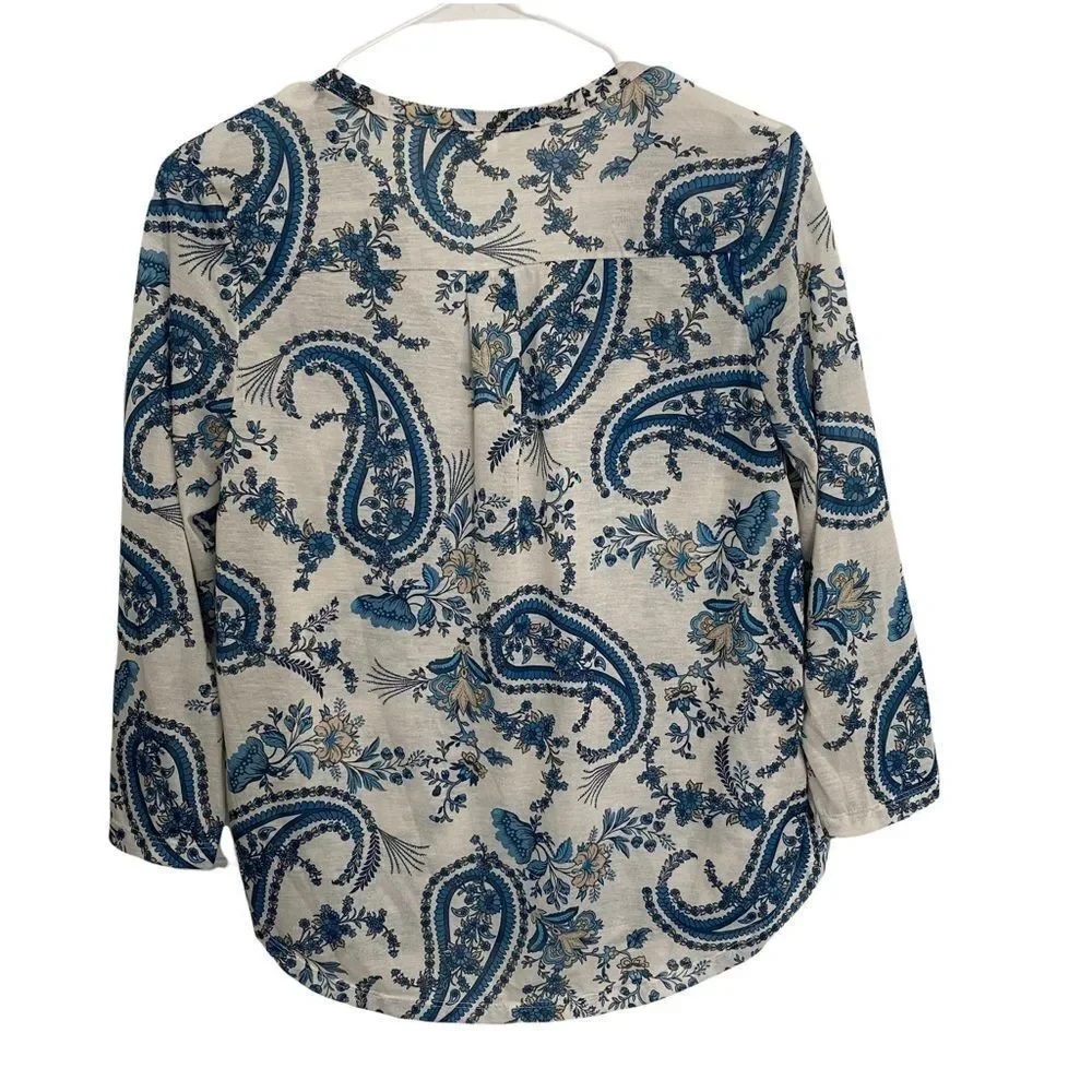 H&M Paisley 3/4 Sleeve‎ White/Blue Top Sz S